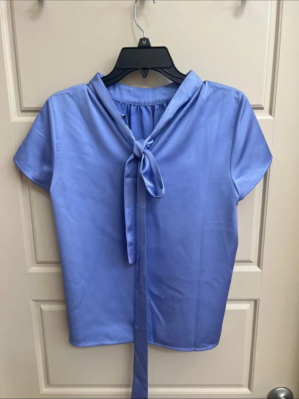 J. Crew tie-neck top Sz XS Lavender Blue Short-Sleeve Satin Blouse office work